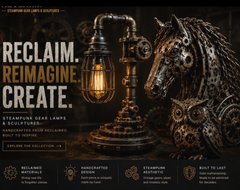 Steampunk scene featuring a glowing lantern and mechanical horse sculpture made of gears and cogs